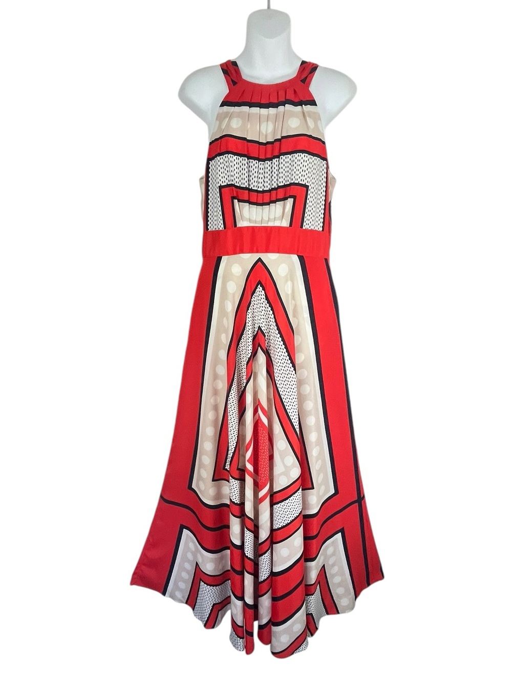 Eliza J Orange Black Geometric Print Halter Fit & Flare Maxi Dress Size 10